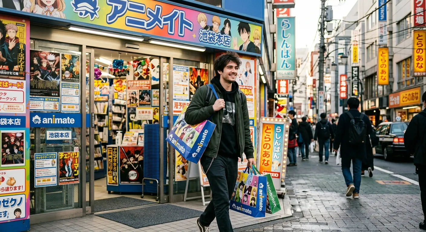 Joven castellano saliendo de tienda Animate en Tokio con bolsas de compras