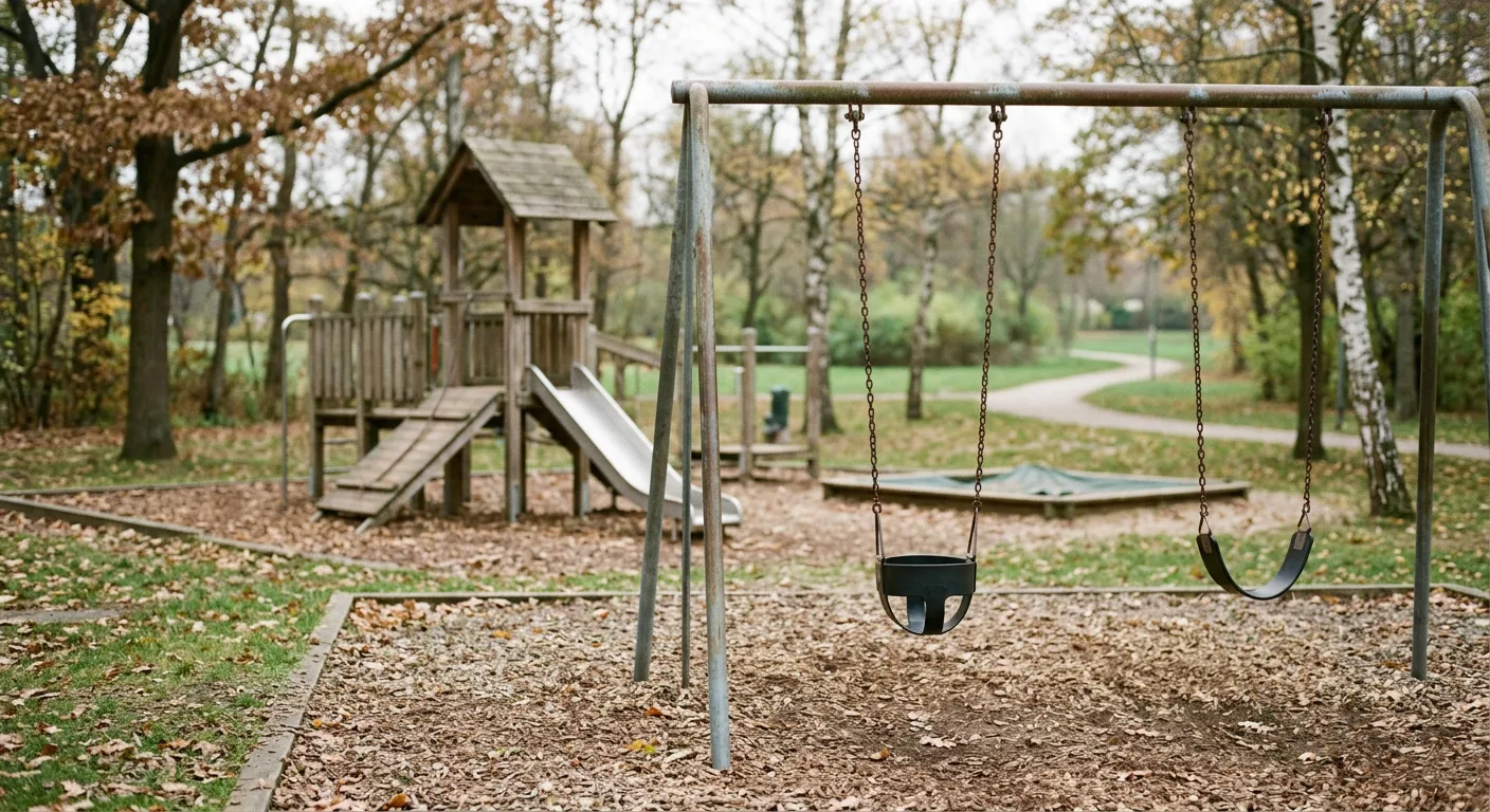 Un parque infantil vacio con un columpio quieto bajo luz suave