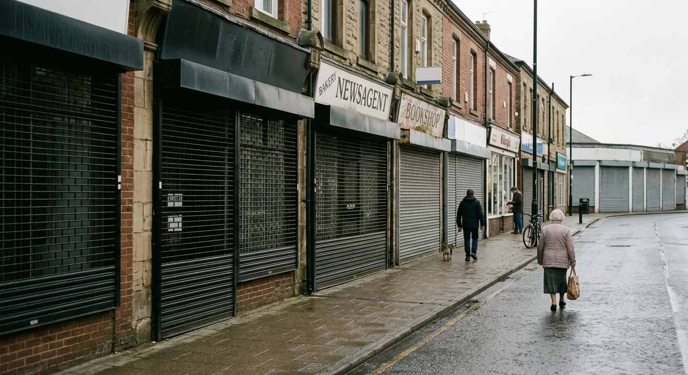 Una calle comercial local con varios locales cerrados y poca gente