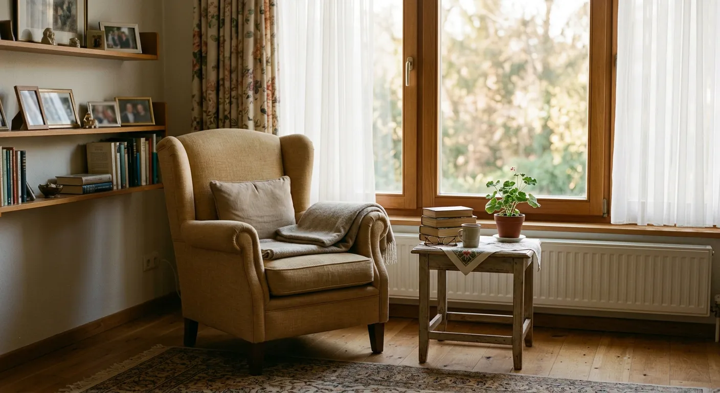 Una habitacion tranquila con una silla vacia junto a la ventana