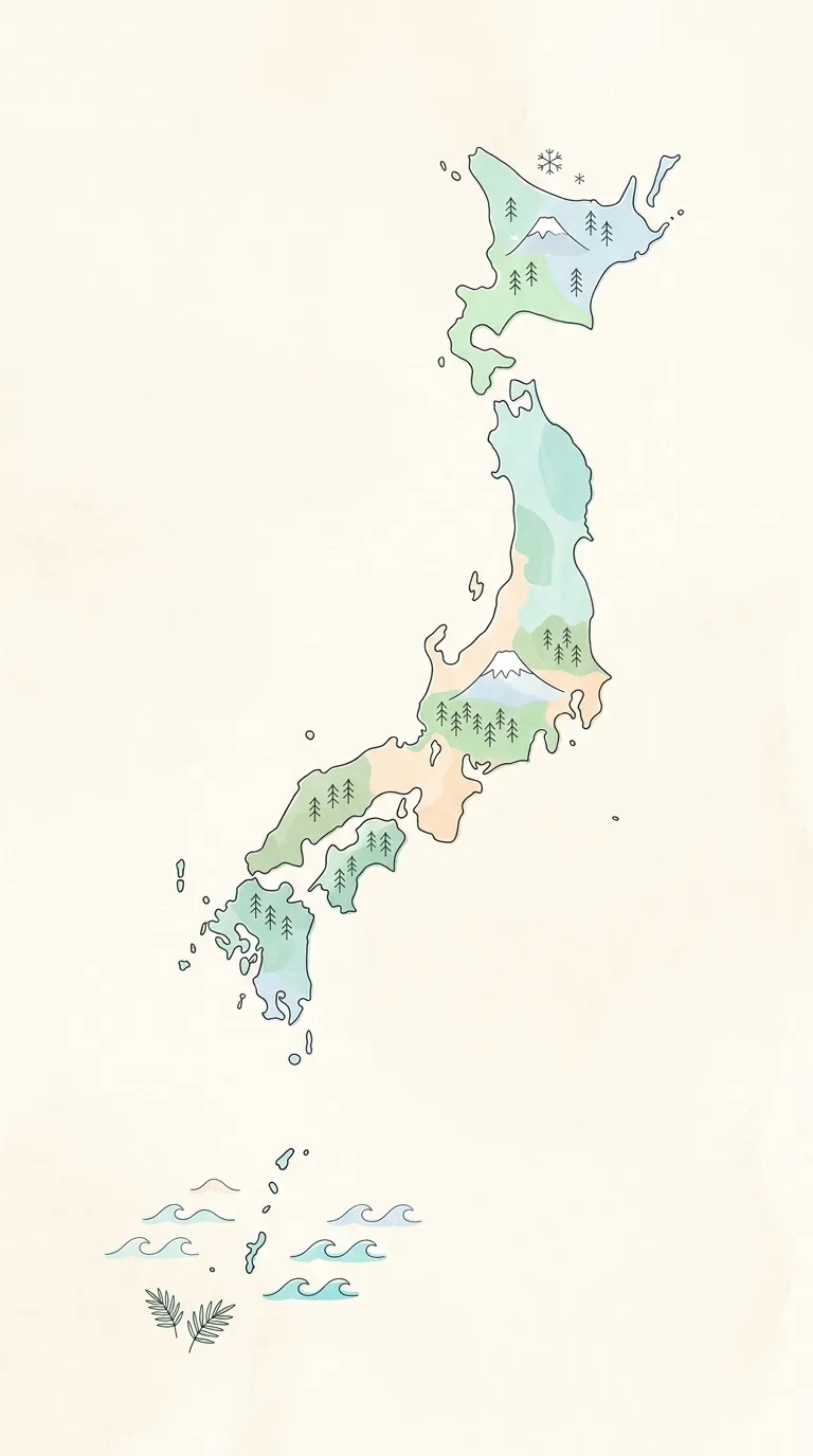 Ilustración minimalista del archipiélago japonés alargado de norte a sur, un archipiélago largo y diverso