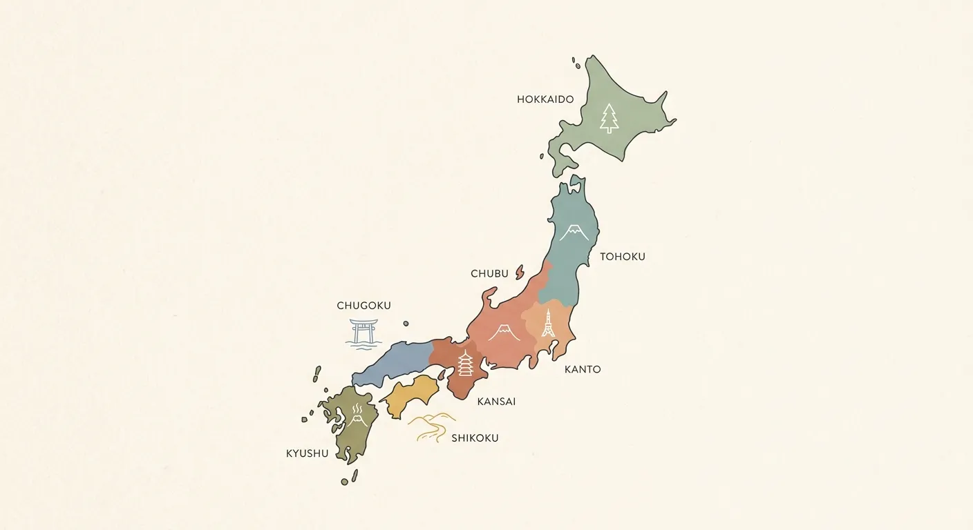 Ilustración minimalista de un mapa de Japón dividido en ocho regiones de colores, las ocho regiones de Japón