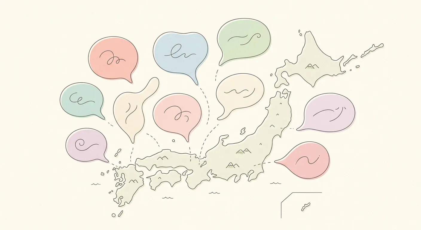 Ilustración minimalista de burbujas de diálogo sobre un mapa de Japón, la diversidad de los dialectos japoneses