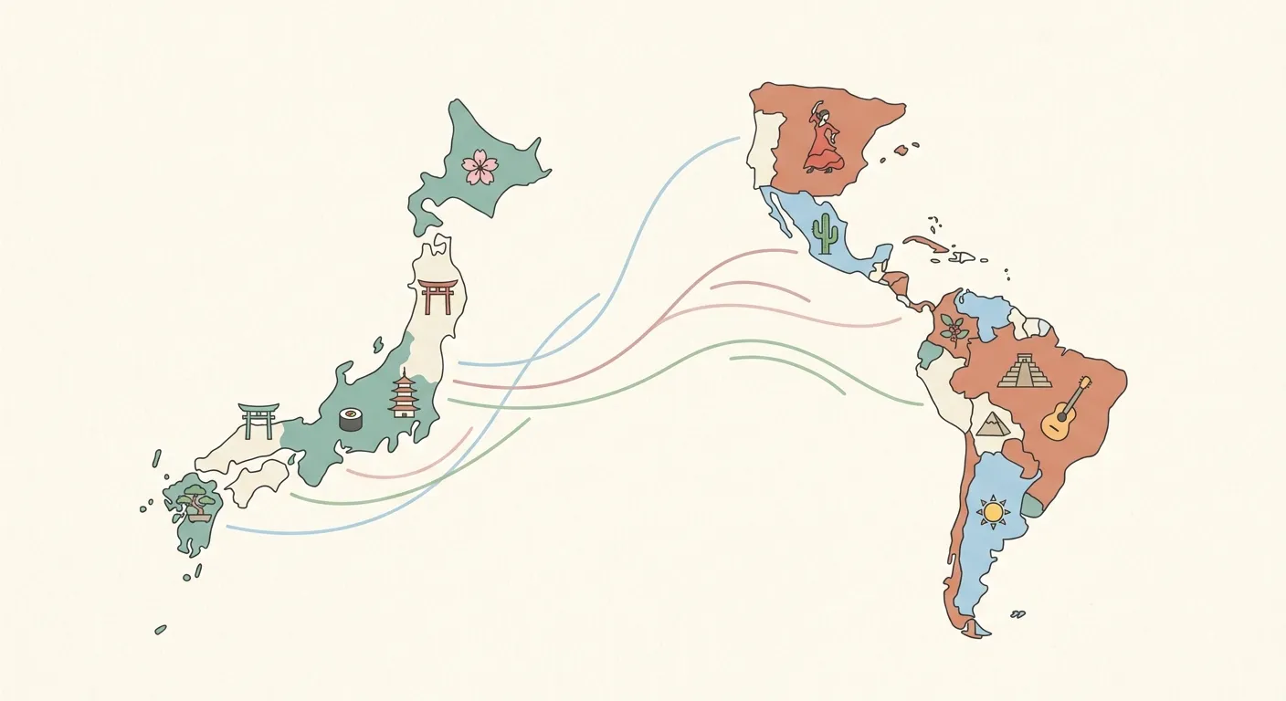 Ilustración minimalista comparando la diversidad regional de Japón y el mundo hispano, paralelismos sugerentes