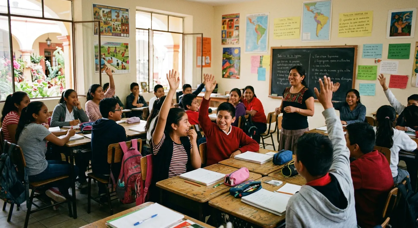 Un aula animada en un pais hispanohablante con estudiantes participando