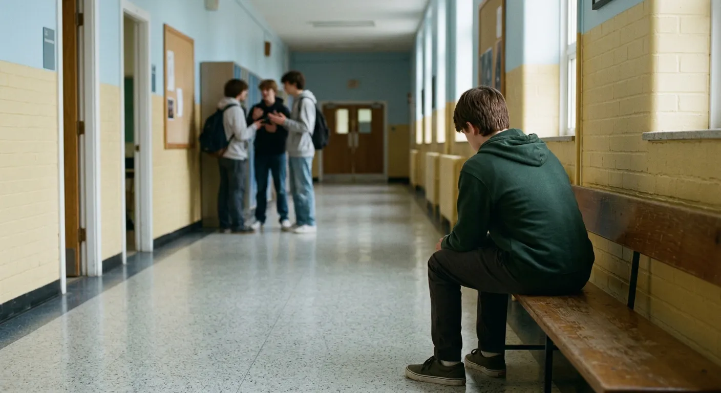 Un estudiante solo, apartado de un grupo lejano, visto de espaldas