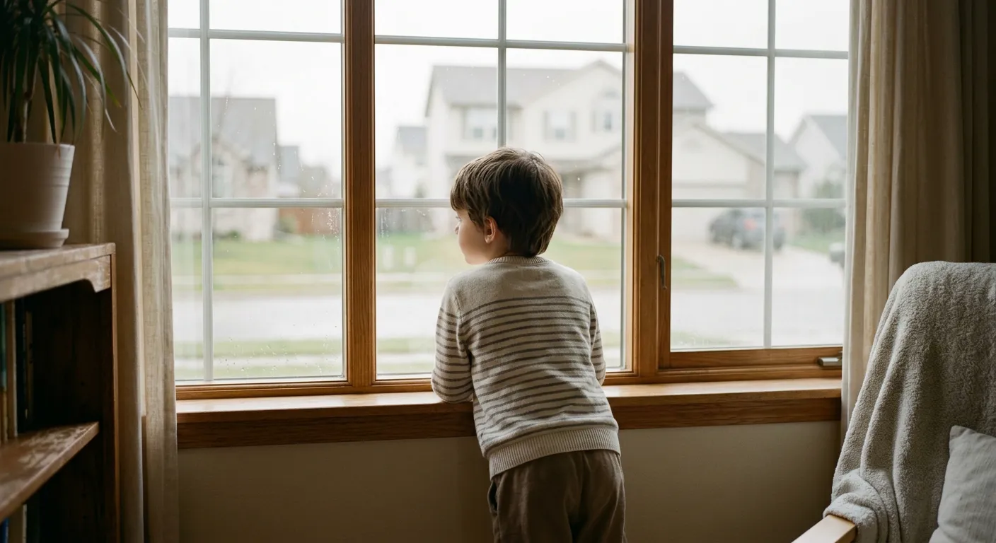Un nino en casa mira por la ventana en horario escolar, de espaldas
