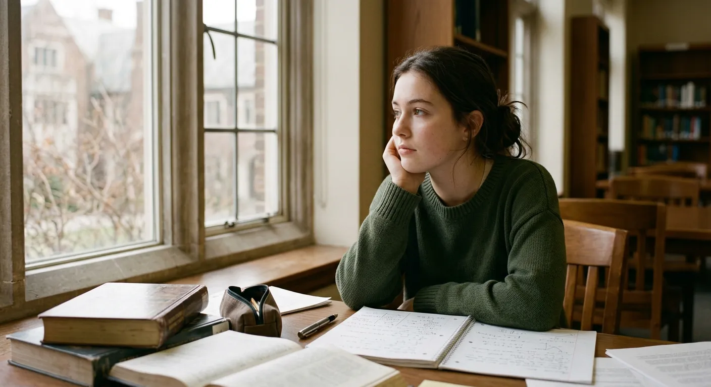 Un estudiante brillante reflexiona con gesto pensativo junto a la ventana