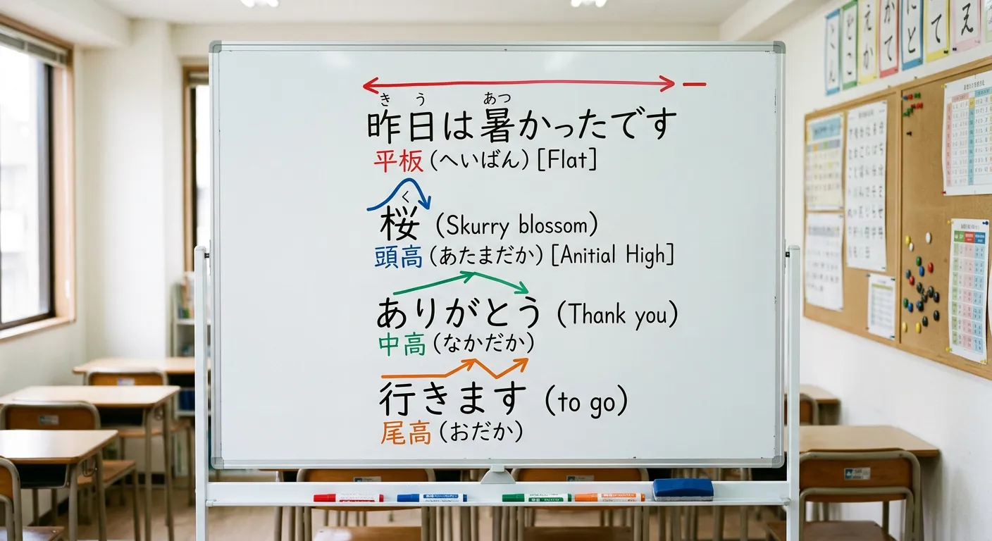 Pizarra de escuela de japonés con cuatro patrones de entonación dibujados en colores diferentes