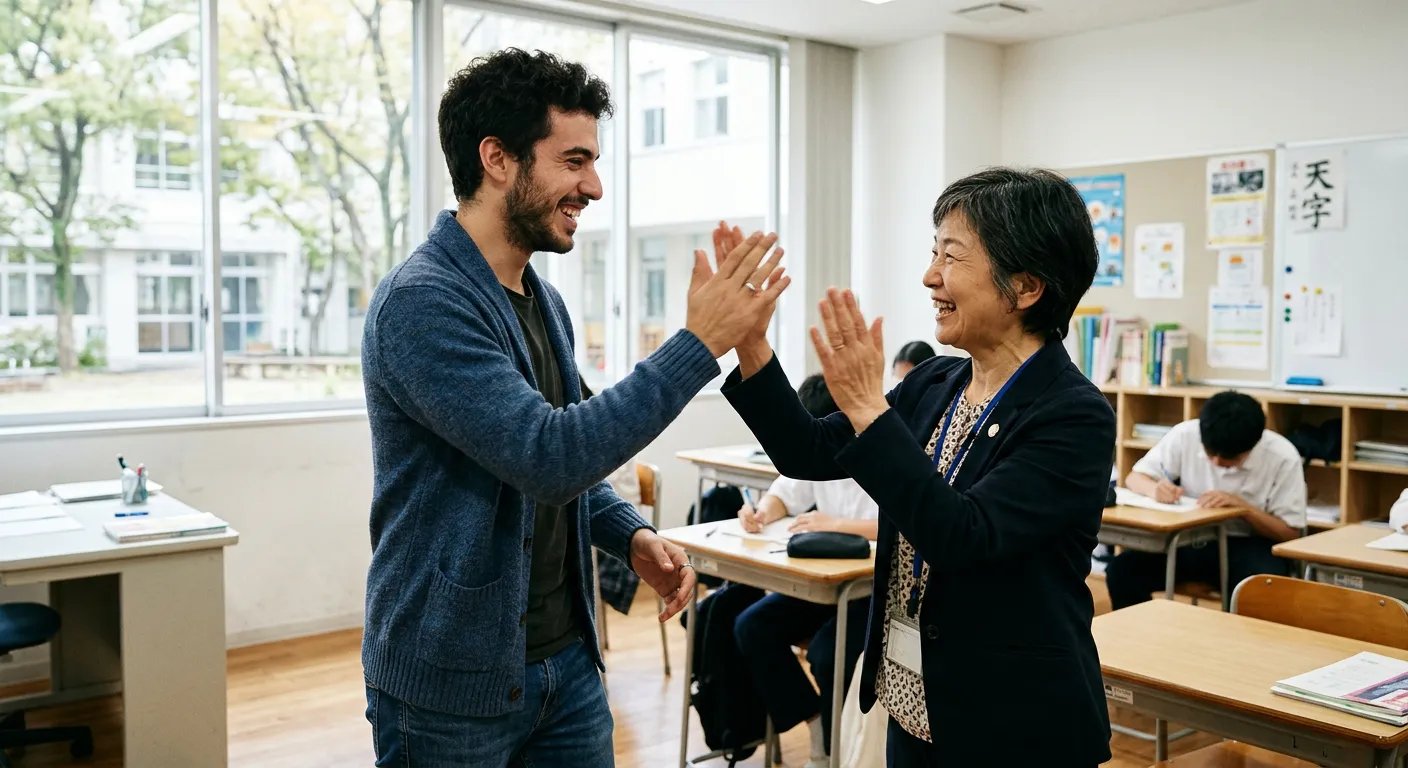 Joven castellano y profesora japonesa practicando ritmo con palmadas en aula moderna