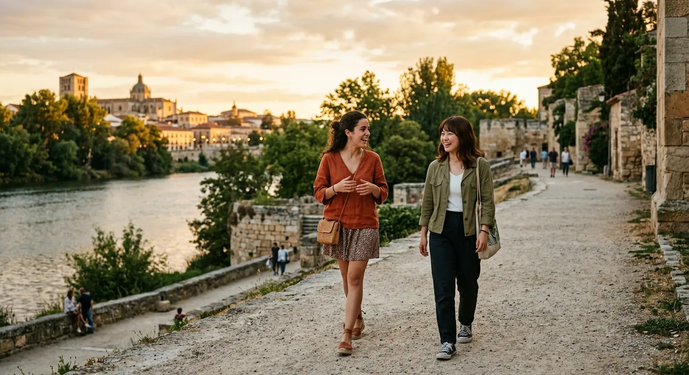 Joven castellana conversando con amiga japonesa paseando por la orilla de un río al atardecer