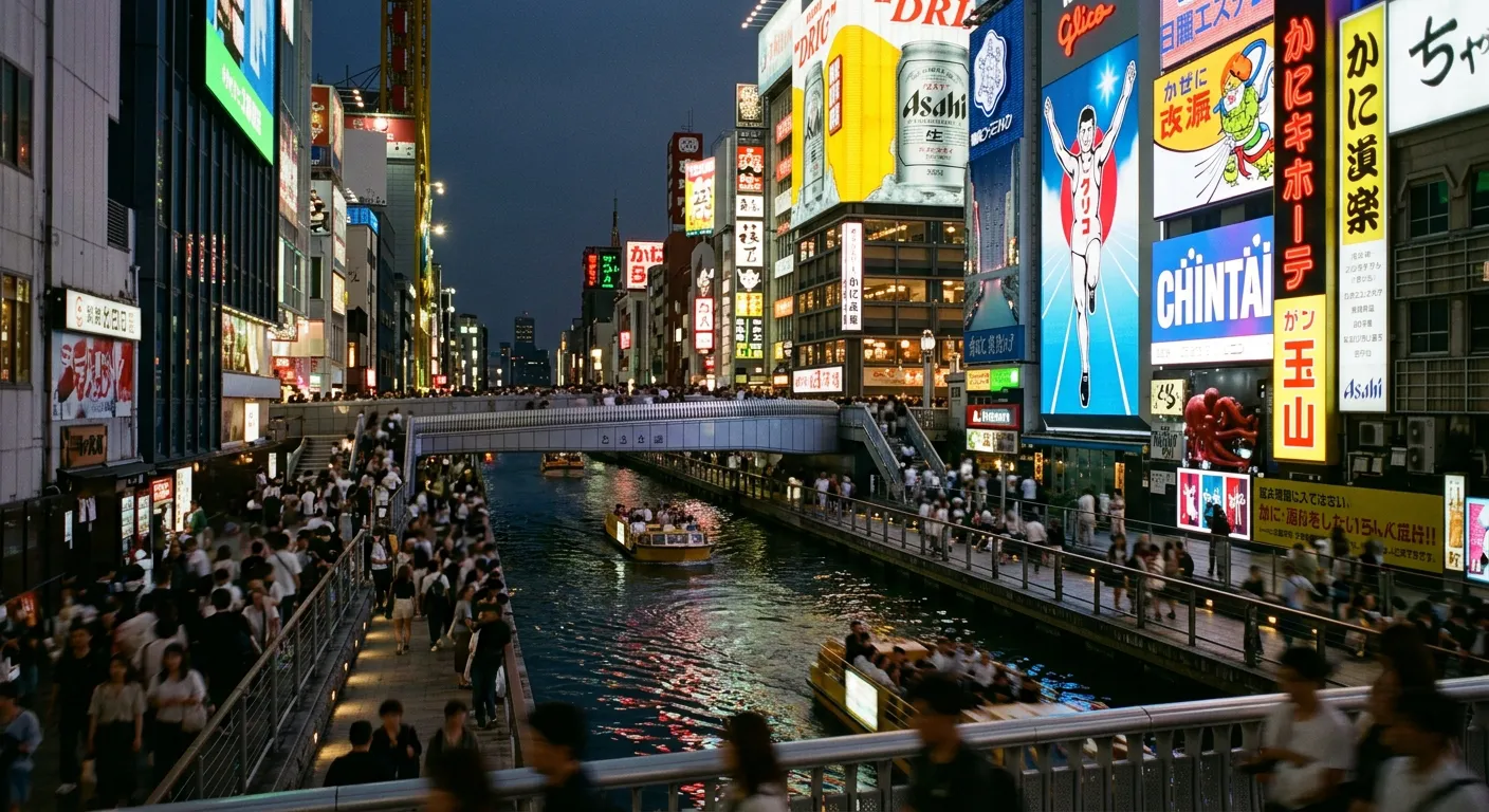 Zona de Dotonbori en Osaka al anochecer con el cartel de Glico y neones coloridos