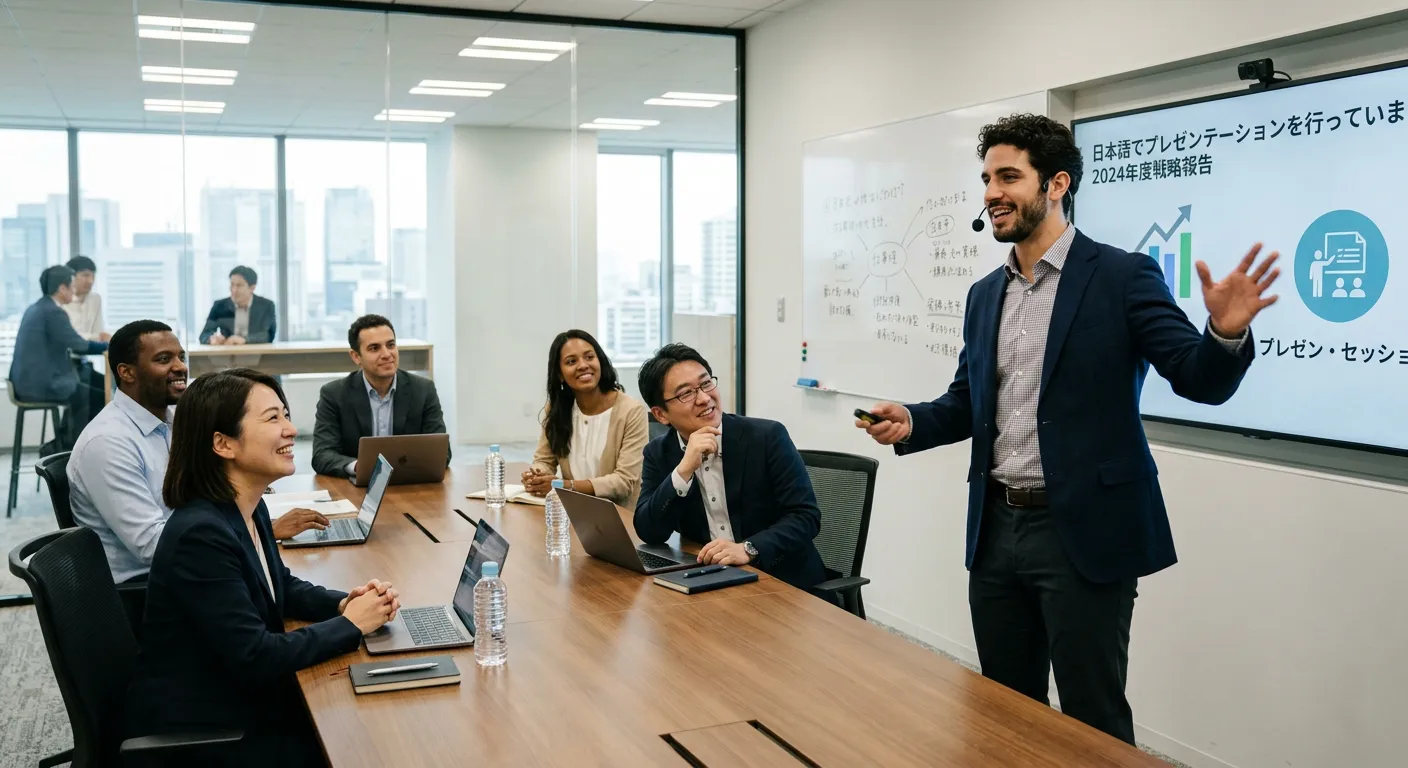 Joven castellano presentando con confianza en japonés en una oficina moderna