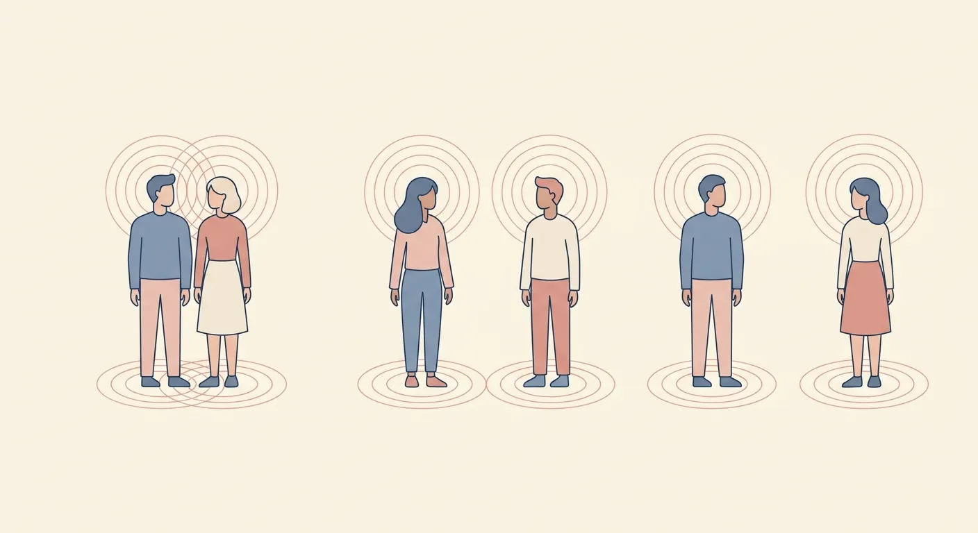 Ilustración editorial mostrando tres pares de figuras a distancias culturales diferentes