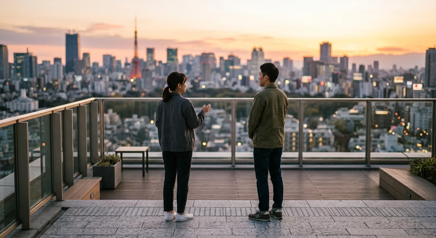 Dos figuras conversando en una terraza al atardecer manteniendo distancia respetuosa, simbolizando el respeto silencioso