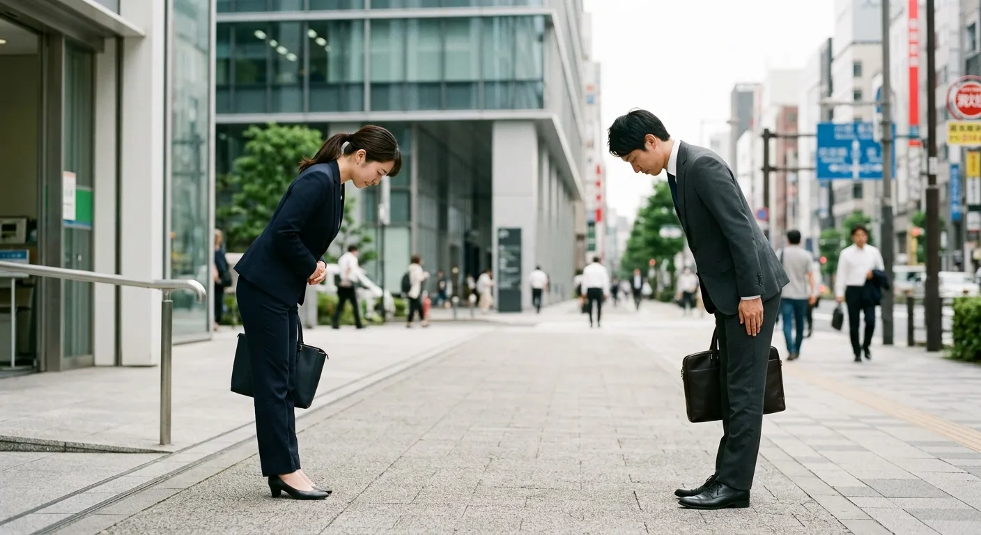Dos profesionales japoneses saludándose con una reverencia mutua manteniendo distancia respetuosa