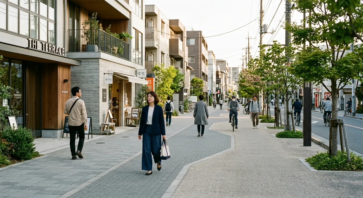 Calle peatonal de Tokio con peatones manteniendo distancia natural entre ellos