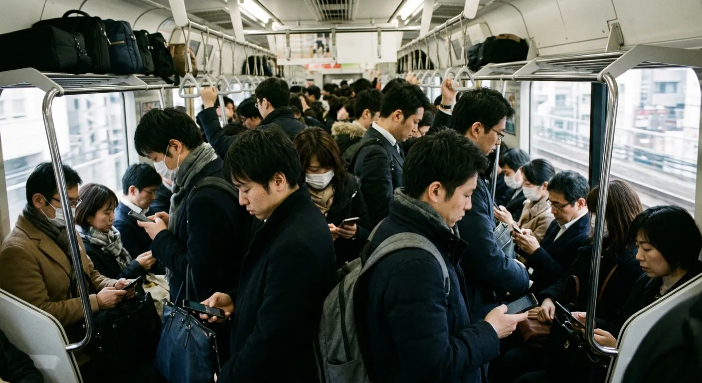 Interior de un tren de Tokio en hora pico con commuters apretados pero manteniendo distancia visual