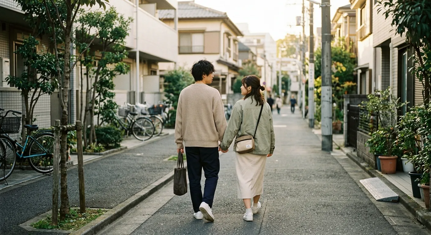 Pareja japonesa joven caminando junta sin tocarse manteniendo cercanía sutil
