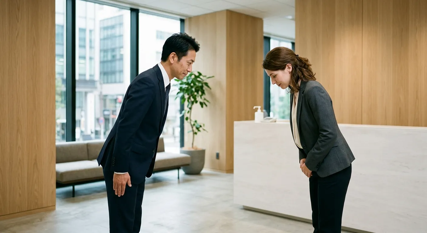 Profesional hispanohablante y profesional japonés intercambiando reverencias en un primer encuentro empresarial