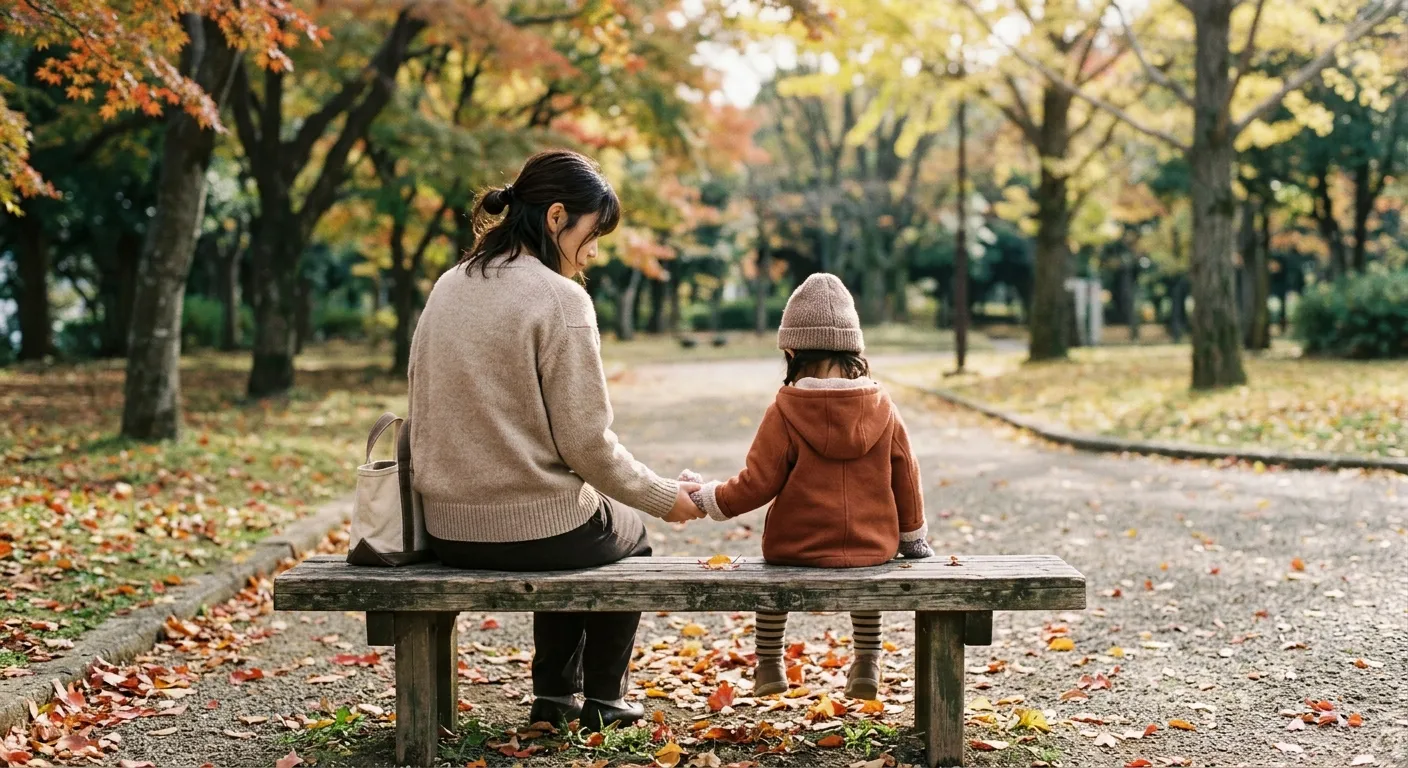 Madre japonesa y su hija sentadas juntas en un parque, expresando afecto a través de la cercanía silenciosa