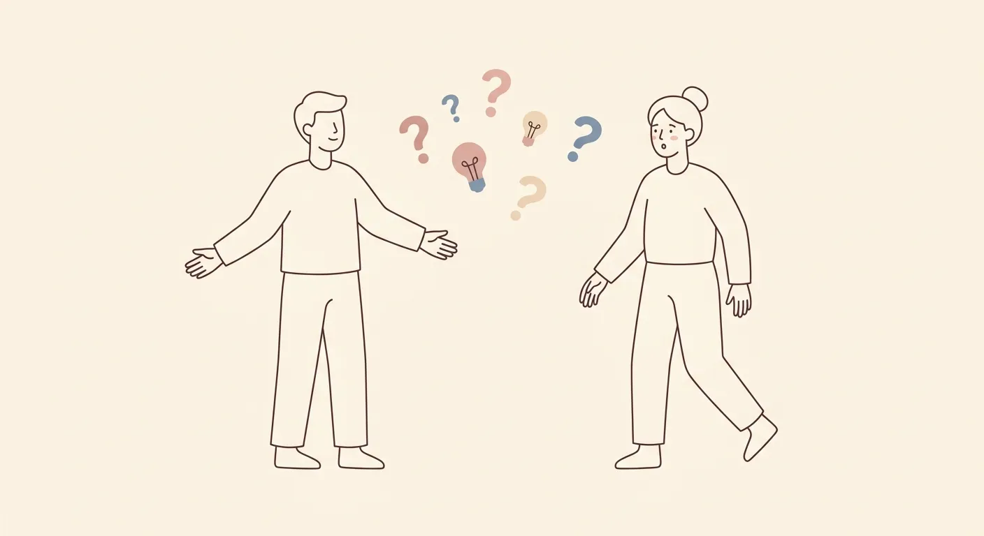 Ilustración editorial de dos figuras experimentando un malentendido cultural suave sobre el espacio personal