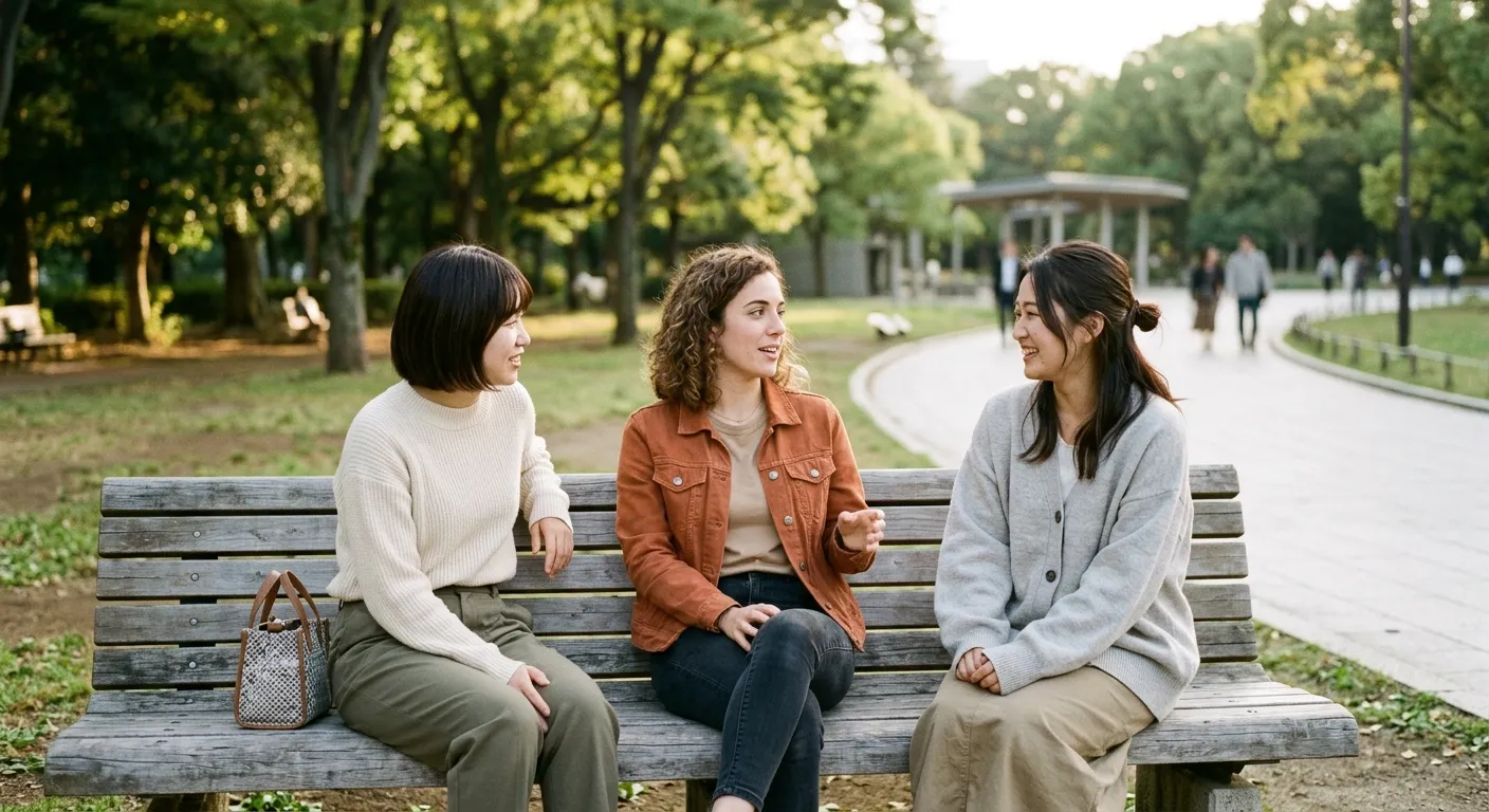 Tres amigos uno hispanohablante y dos japoneses compartiendo conversación en un banco de parque con respetuosa cercanía