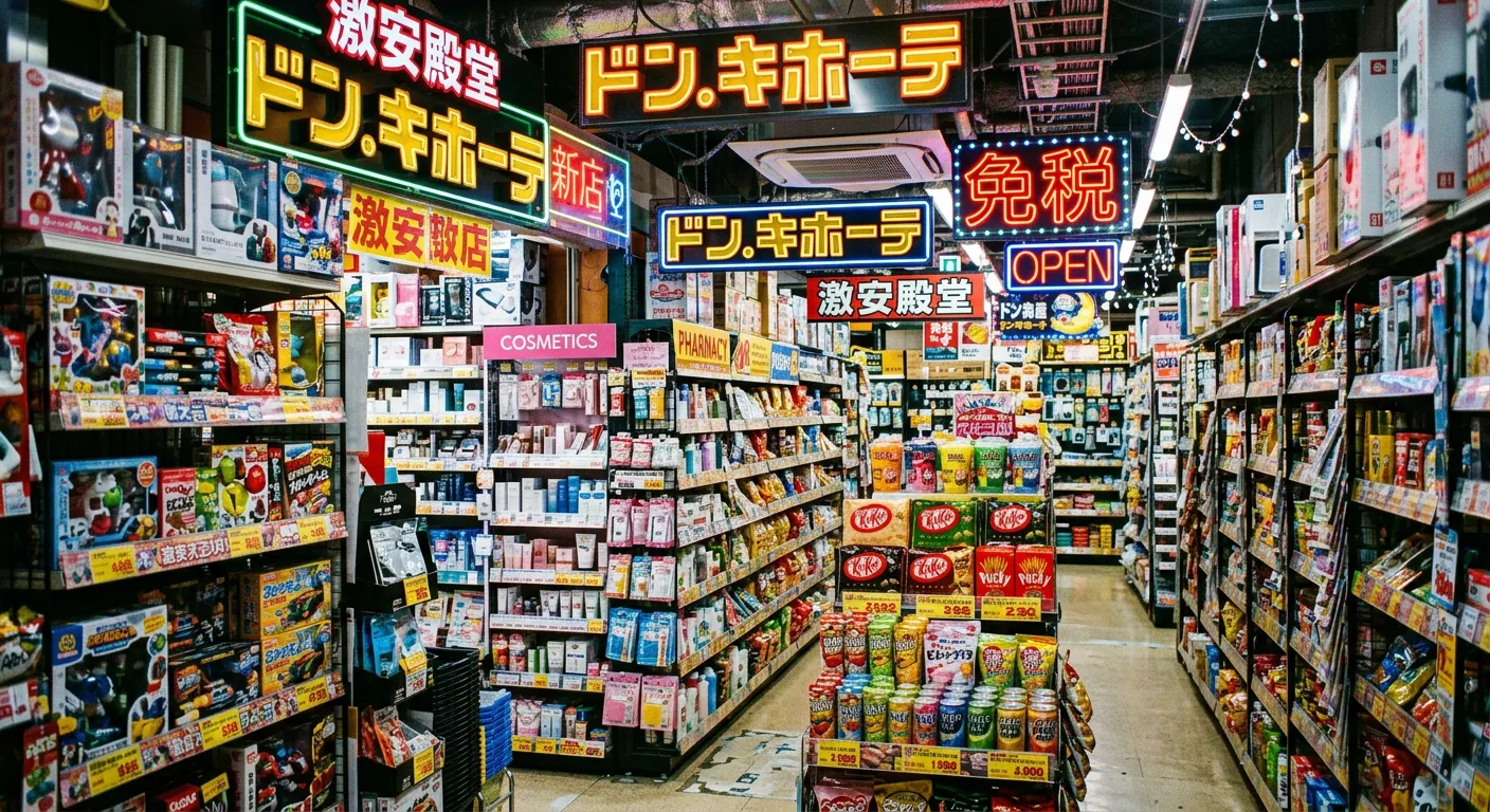Interior colorido de una tienda Don Quijote con estantes llenos de productos