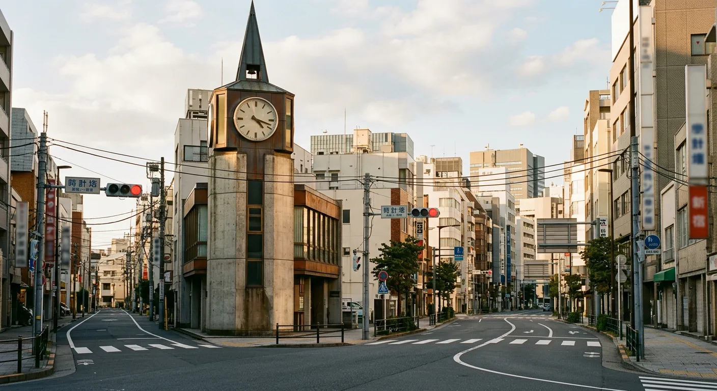 Reloj de torre retro-moderno en esquina de calle de Tokio