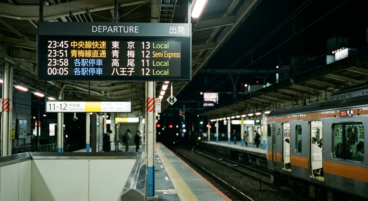 Tablero digital de salidas en estación japonesa con horarios en formato 24 horas