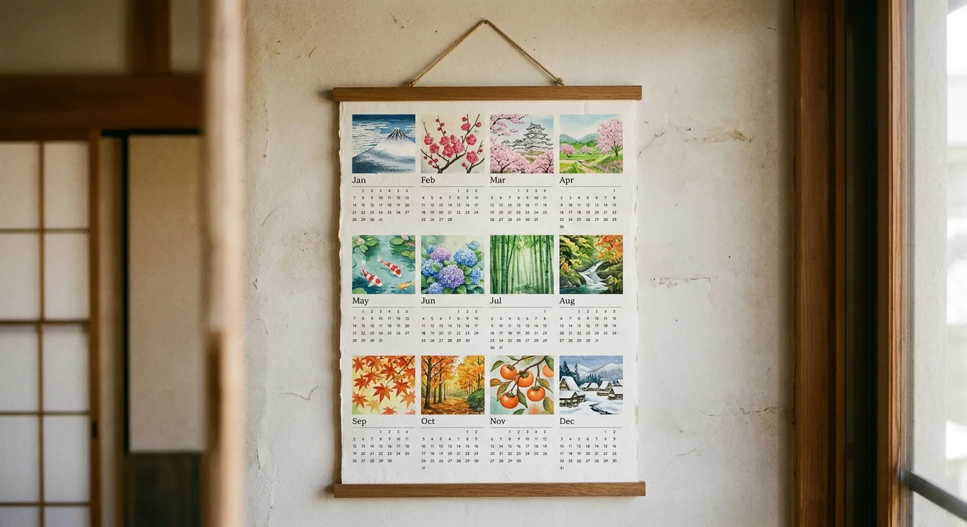 Calendario japonés de pared con ilustraciones de las cuatro estaciones
