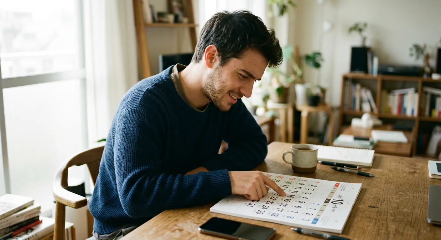 Joven castellano siguiendo con el dedo los días del mes en calendario japonés