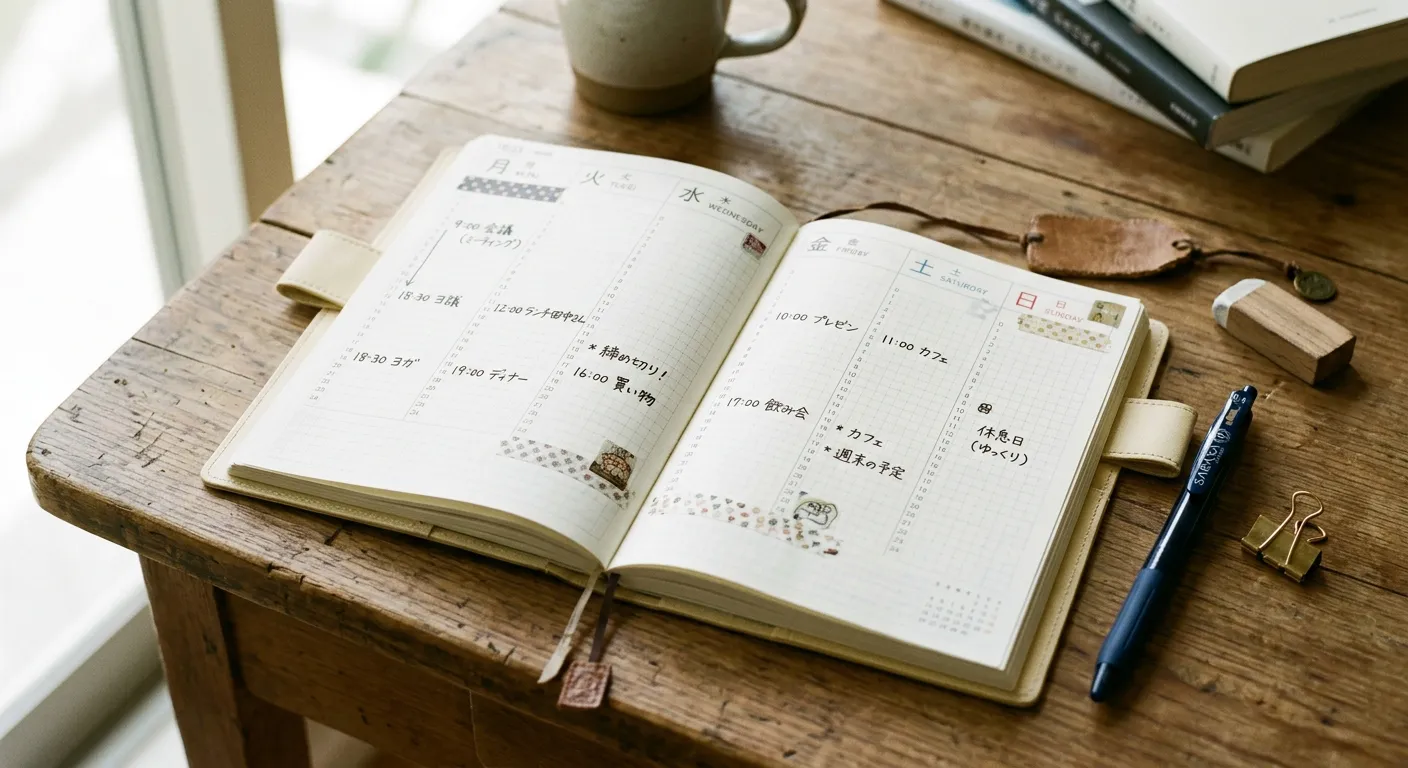 Agenda japonesa abierta mostrando días de la semana en kanji de lunes a domingo