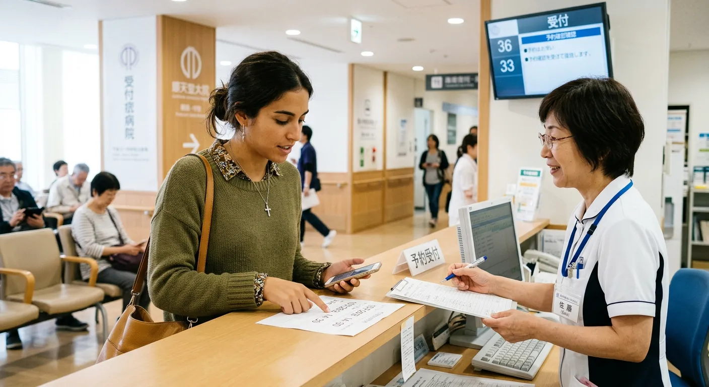 Joven castellana confirmando cita en recepción de hospital japonés