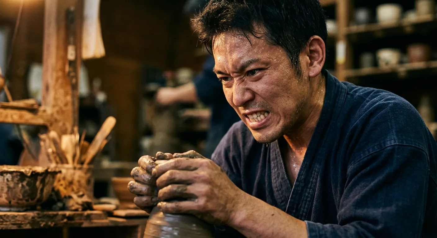 Primer plano del rostro determinado de una persona japonesa esforzandose