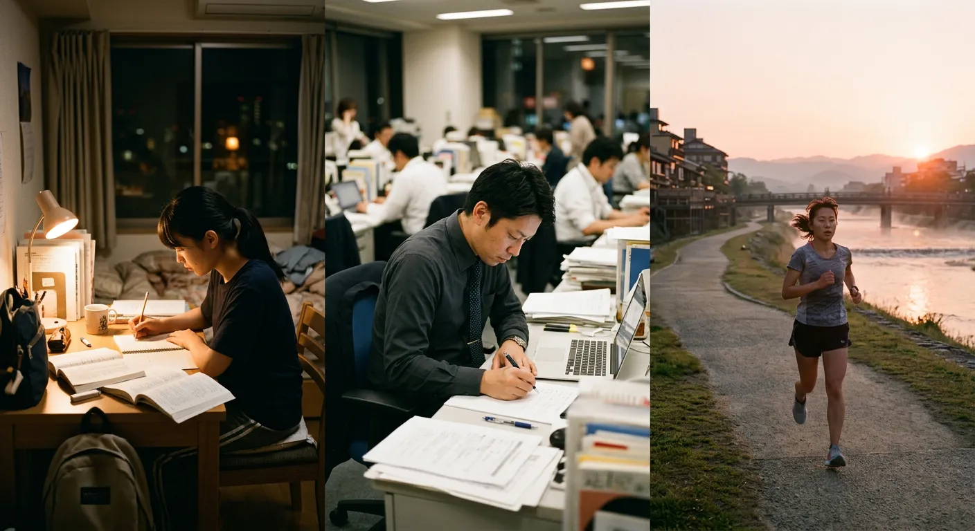 Escenas cotidianas japonesas de esfuerzo en el estudio, el trabajo y el deporte