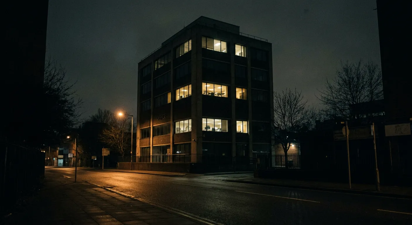 Un edificio de oficinas de noche con pocas ventanas aun iluminadas
