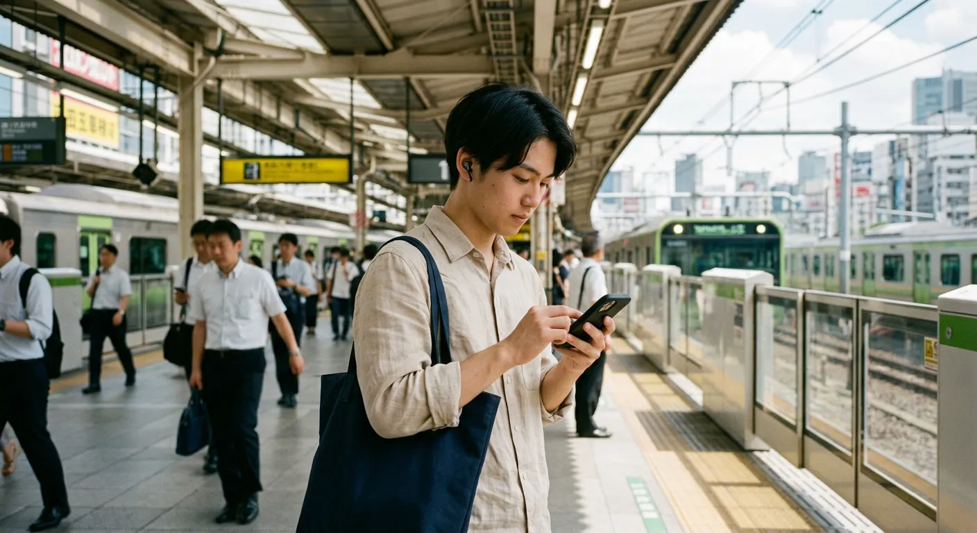 Una joven japonesa usa el movil con naturalidad en un entorno urbano