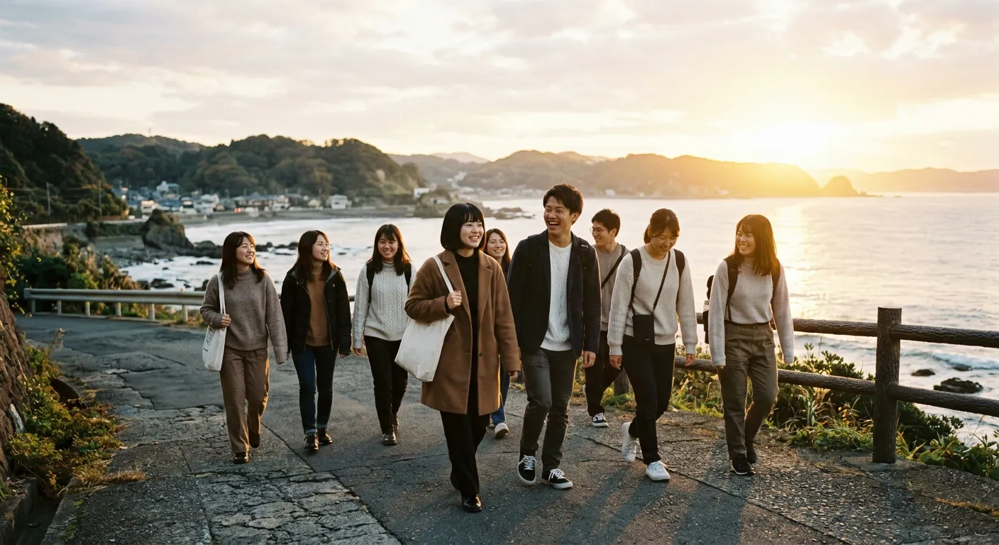 Un grupo de jovenes avanza con esperanza hacia un horizonte luminoso