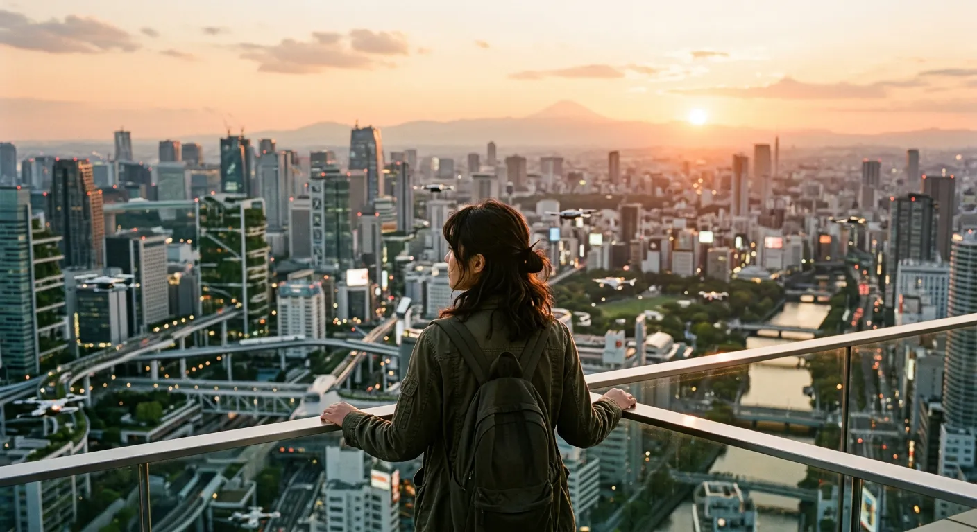 Un joven de espaldas contempla una ciudad japonesa futurista al atardecer