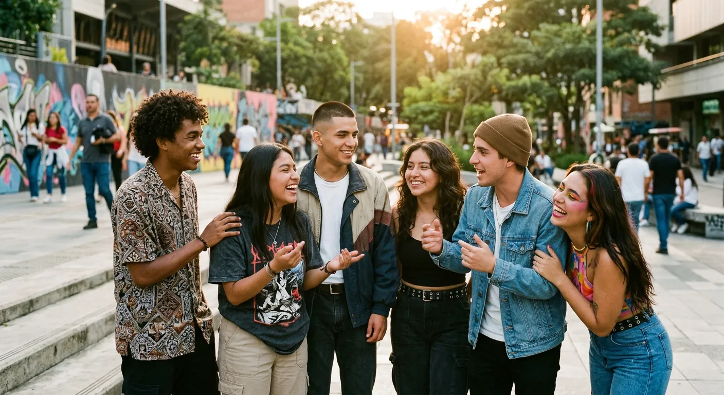 Un grupo de jovenes latinoamericanos de la generacion Z en la ciudad