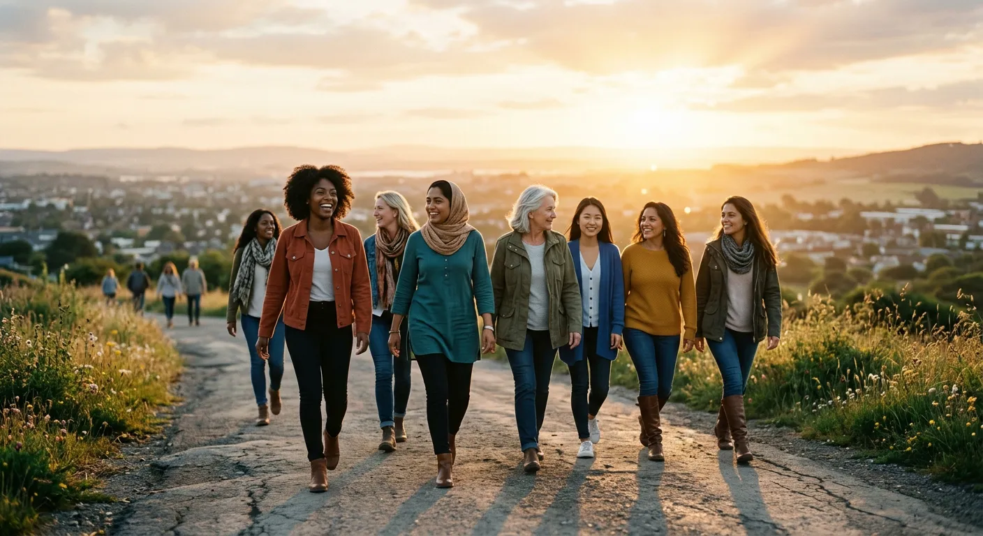 Un grupo de mujeres diversas avanza con esperanza hacia el futuro