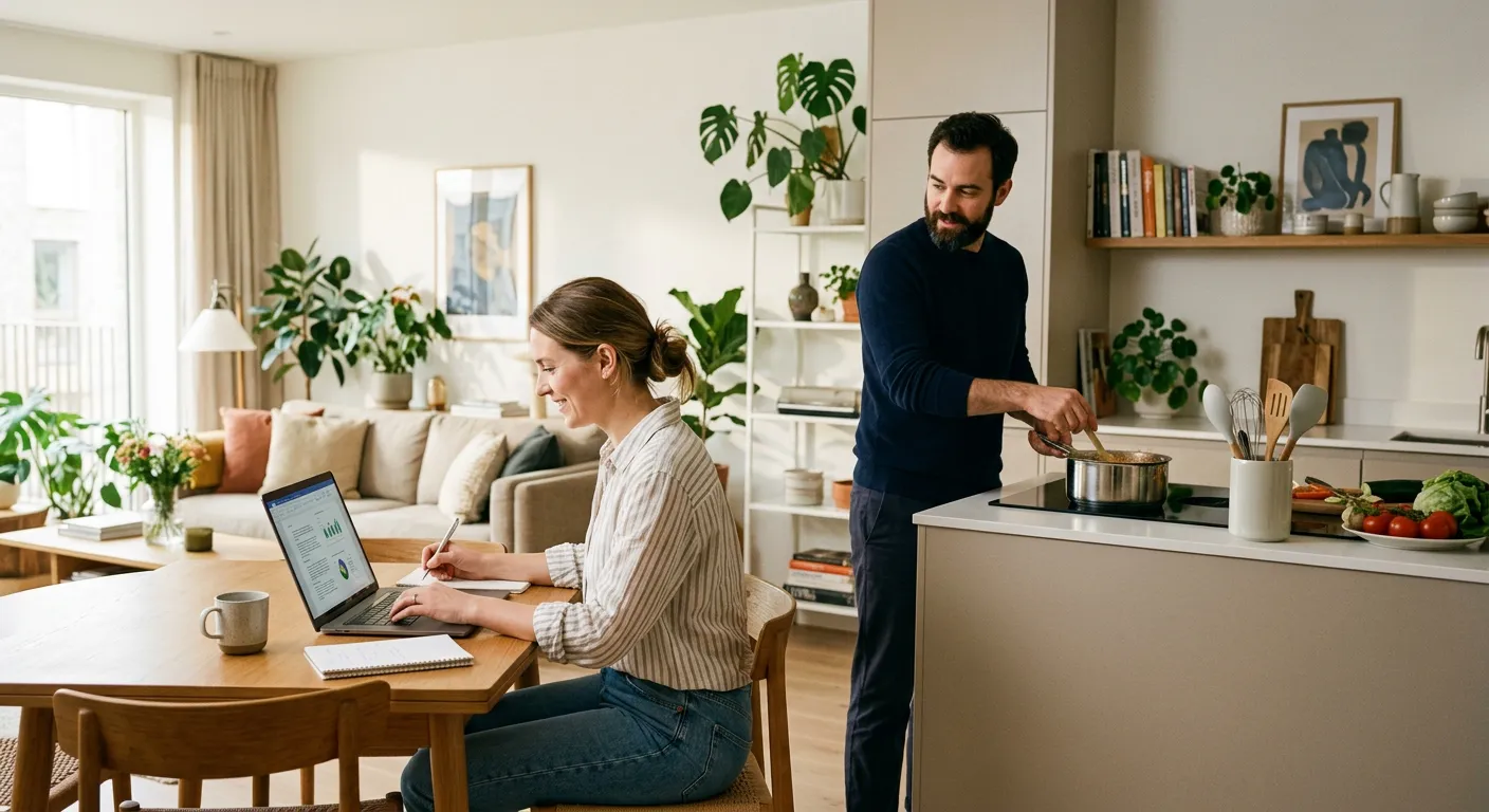 Una pareja moderna comparte tareas del hogar y trabajo en casa