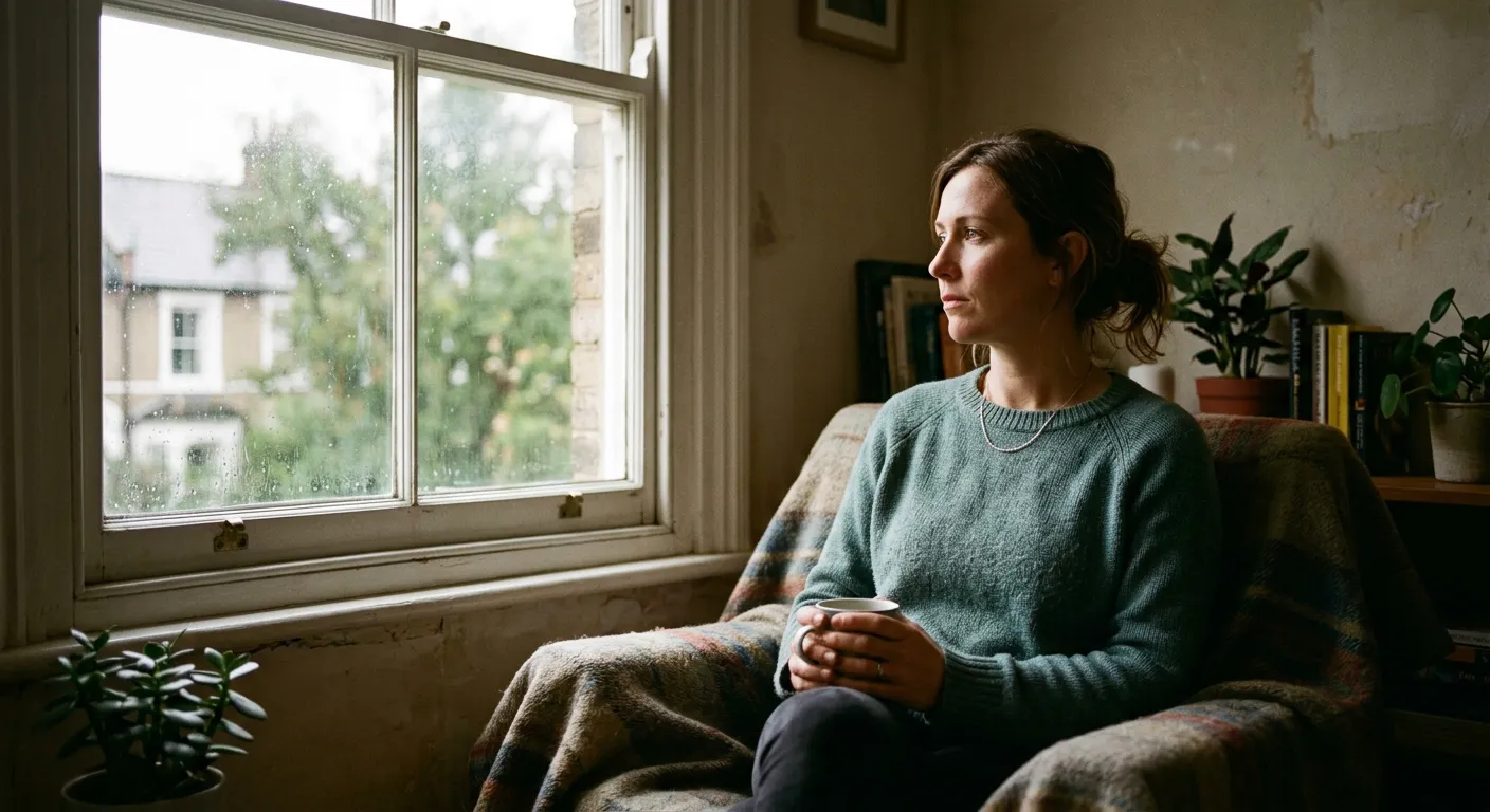 Una mujer pensativa junto a la ventana, resiliente ante la adversidad