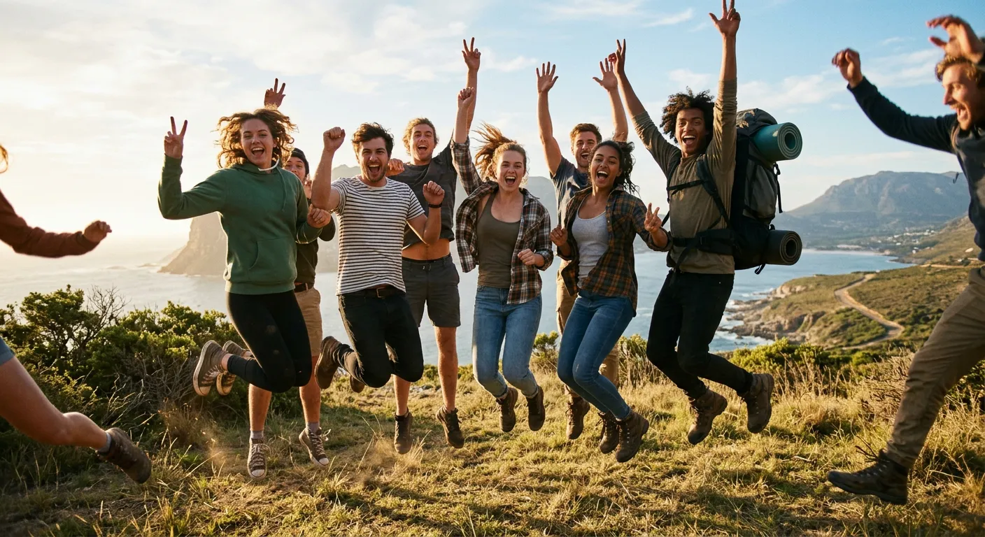 Jovenes saltan y celebran con energia, el espiritu de aventura y amistad