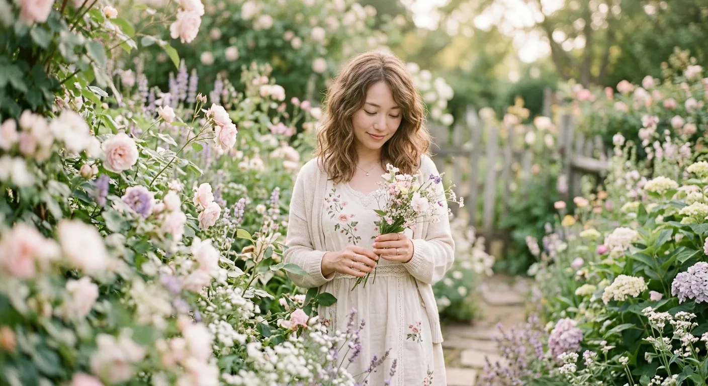 Una joven entre flores en luz suave, el tono emotivo del shojo y josei