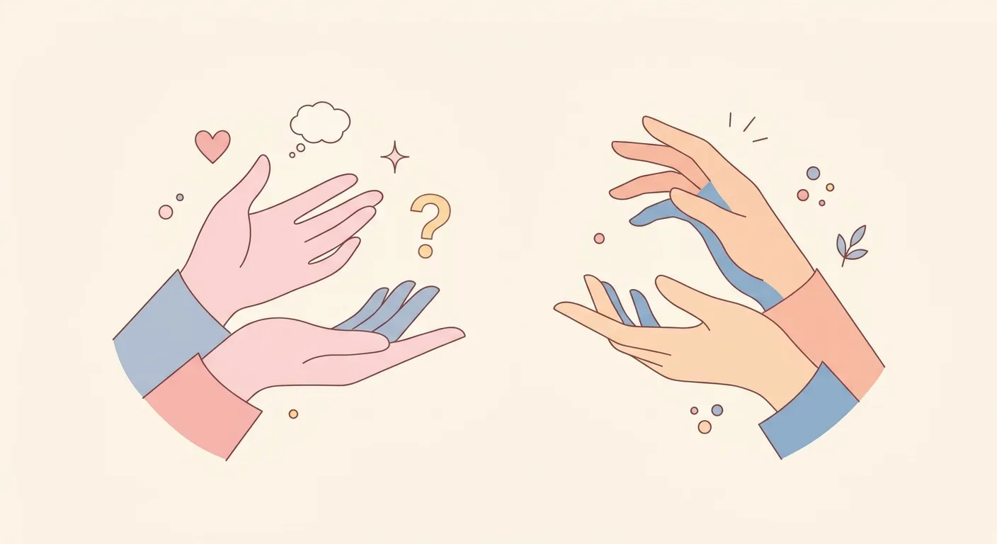 Ilustración minimalista de dos pares de manos comunicándose con símbolos abstractos alrededor