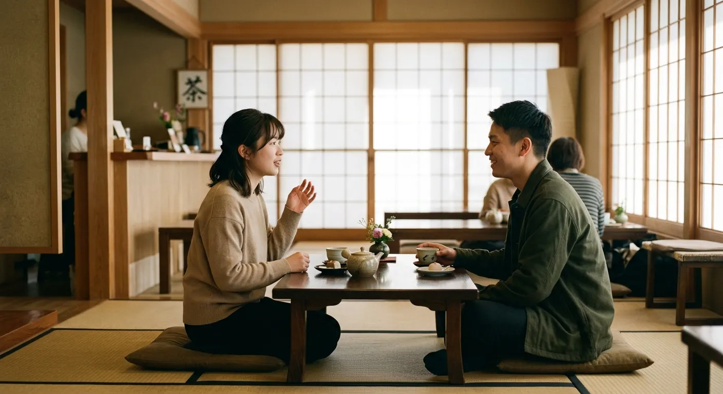 Dos personas conversando en un café japonés contemporáneo con gestos naturales y respetuosos