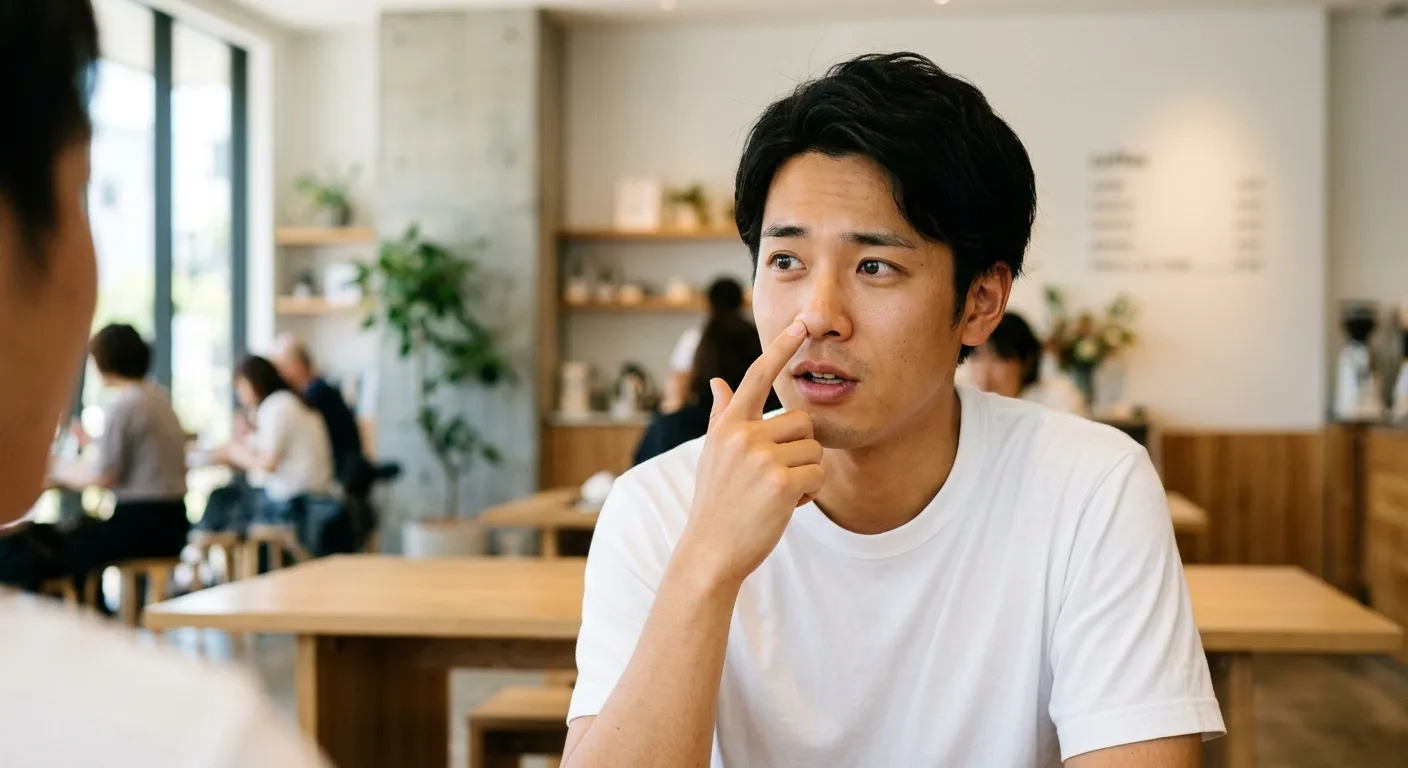 Joven japonés señalándose la punta de la nariz con expresión de '¿yo?'