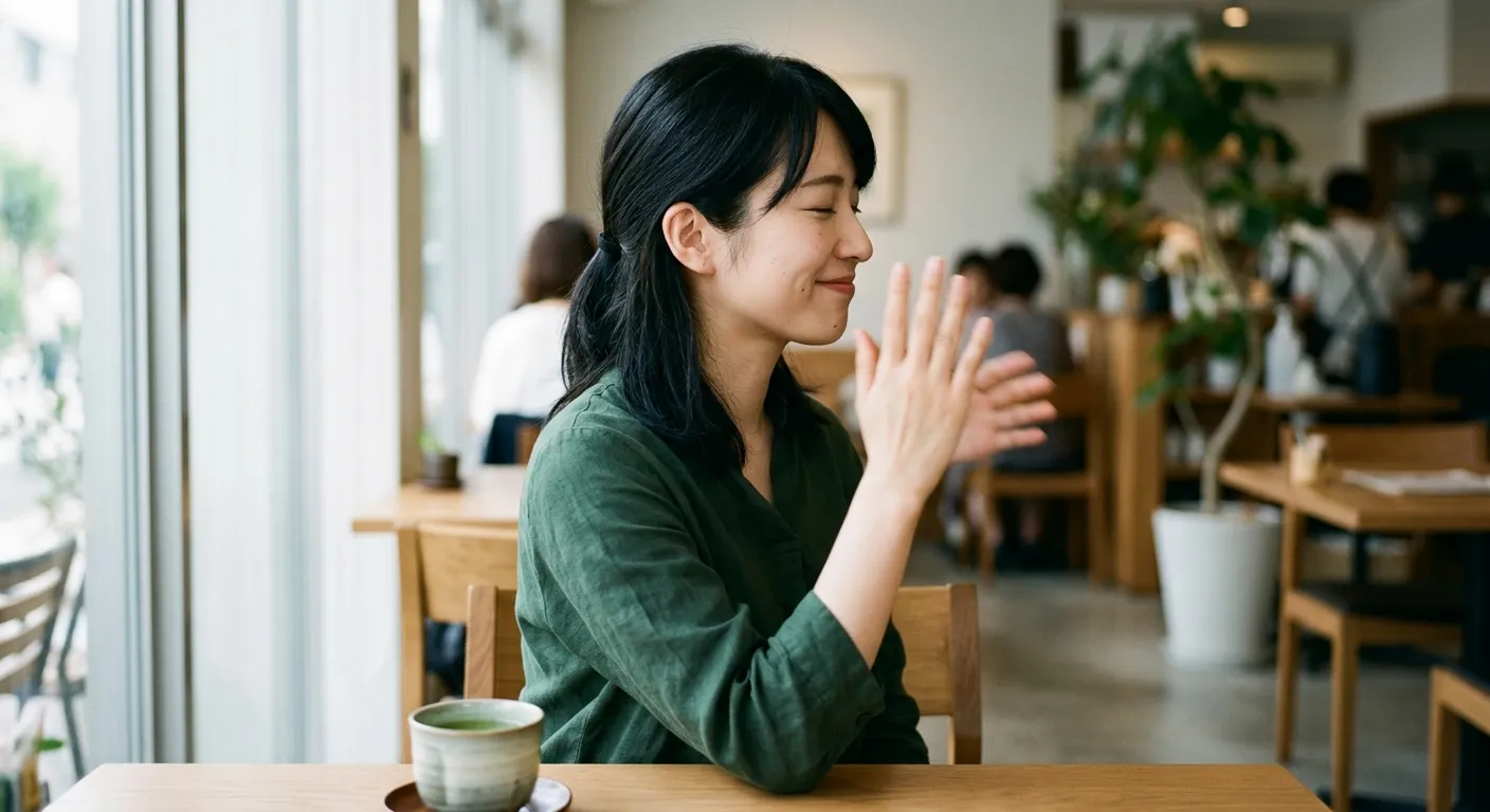 Mujer japonesa moviendo la mano frente a su rostro en el gesto polite de 'no'